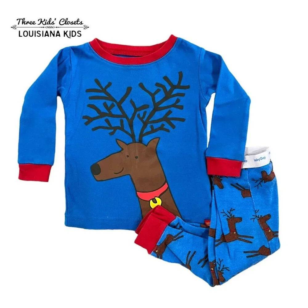 Baby Gap 6-12m Blue Reindeer Christmas Pajamas